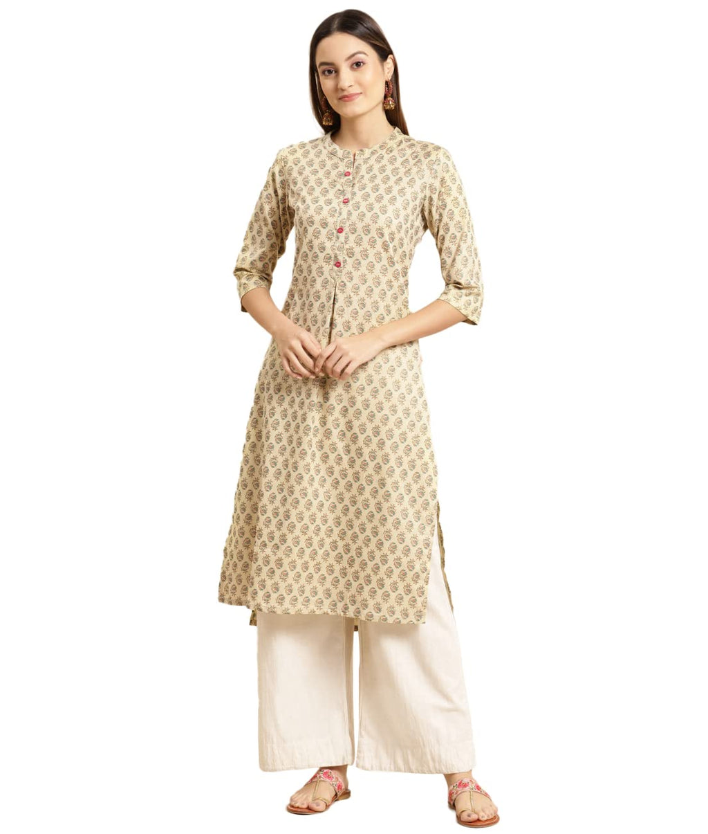 Rangita Beige Cotton Flex Calf Length Printed Straight Kurti For Women | Kurta For Women_M