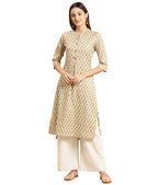 Rangita Beige Cotton Flex Calf Length Printed Straight Kurti For Women | Kurta For Women_M