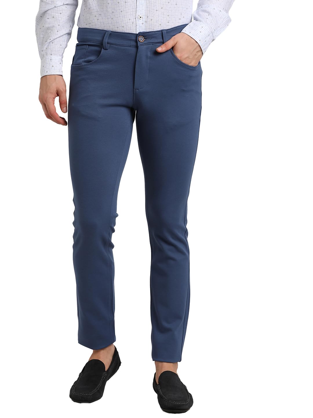 Turtle Men Cotton Blend Blue Solid Narrow Fit Casual Trouser