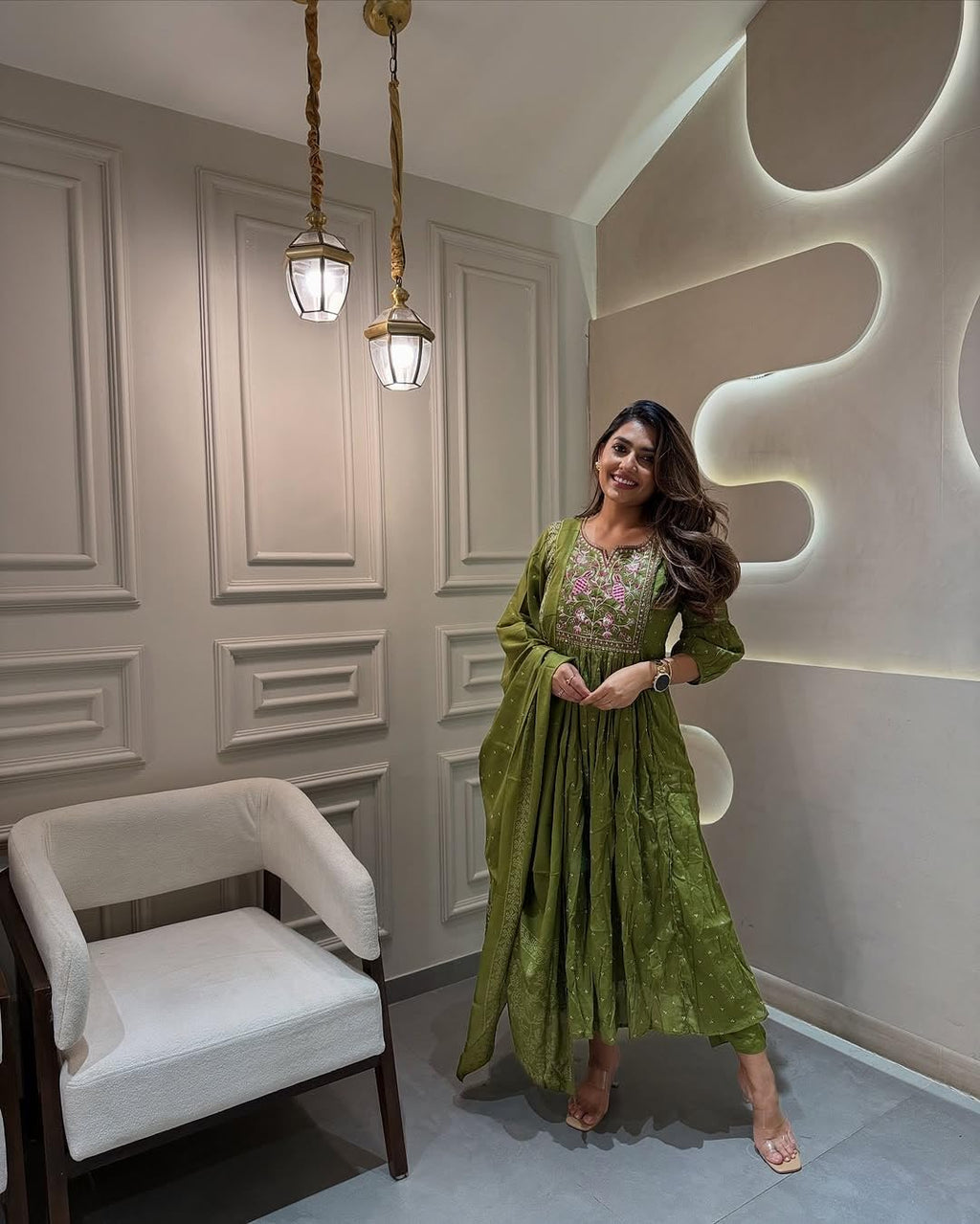 ANNI DESIGNER Womens Rayon Blend Embroidered Anarkali Kurta with Pant & Dupatta (Kanota Green_M_Green_Medium)