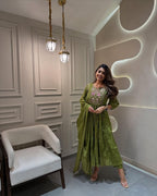 ANNI DESIGNER Womens Rayon Blend Embroidered Anarkali Kurta with Pant & Dupatta (Kanota Green_M_Green_Medium)