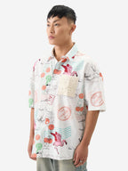 The Souled Store Travel Away Men and Boys Short Sleeve Collared Neck Button Front White Printed Cotton Oversized Shirts