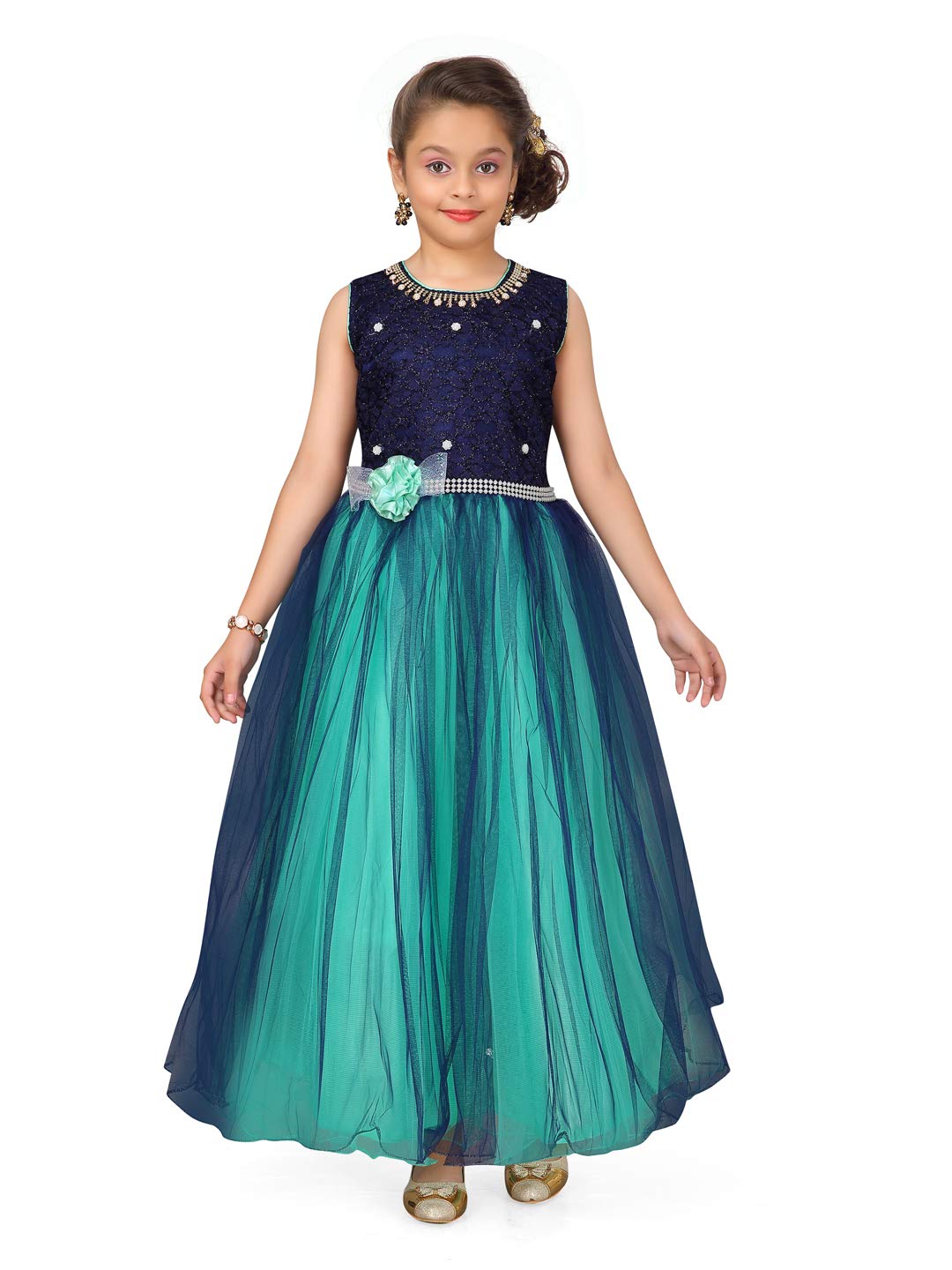 Aarika Girls Polyester A-Line Maxi Dress (DG-AG-08_Blue_34)