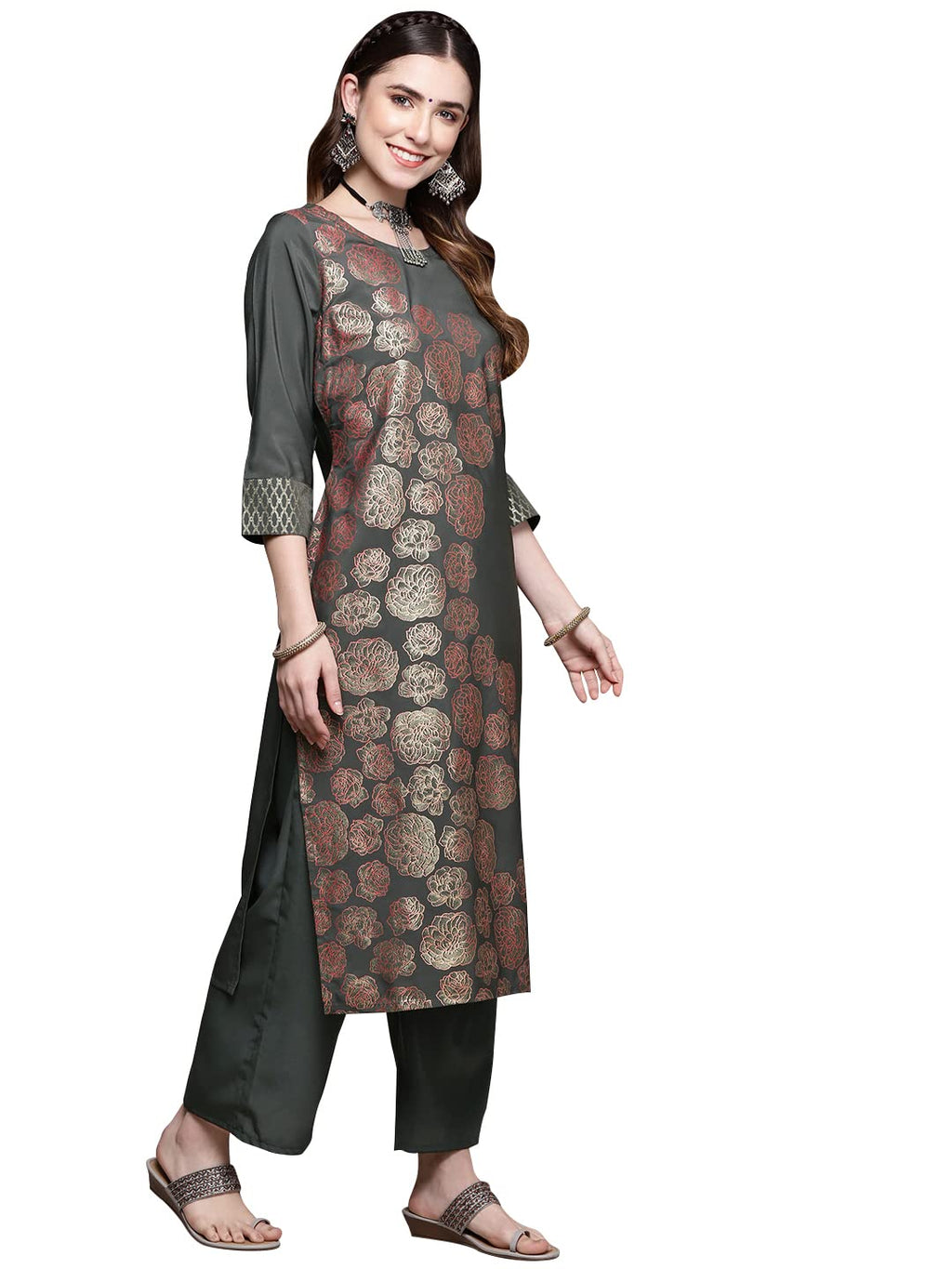 Ziyaa Women Women'S Dark Grey Color Straight Kurta And Palazzo Set