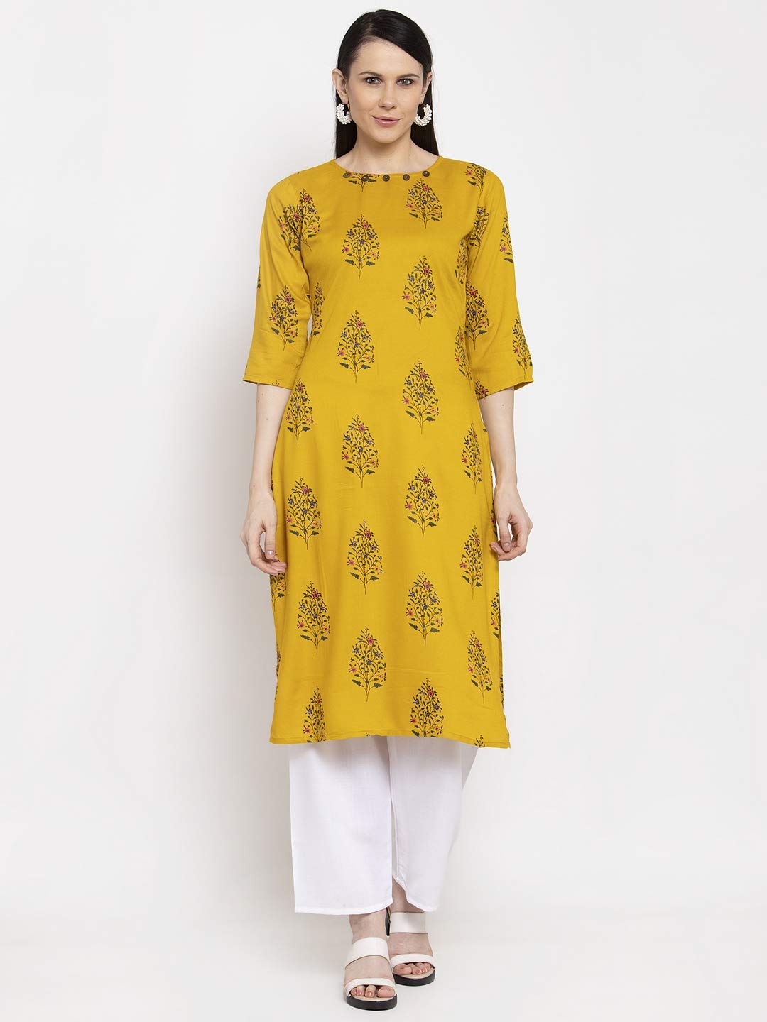 Gosriki Women'S Yellow Pure Cotton Straight Kurta With Plazzo (Luna Yellow)