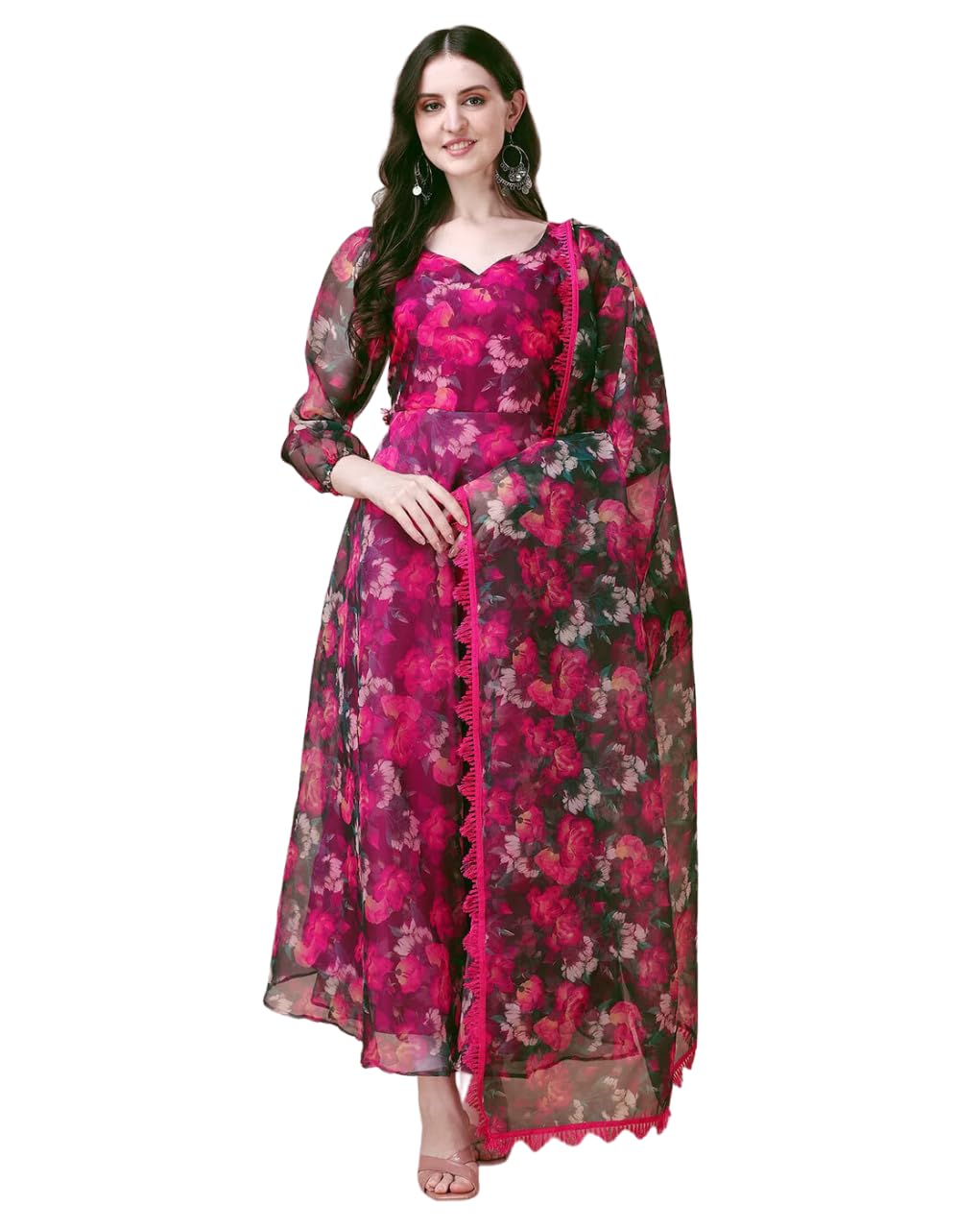 Fashion Basket Women Floral Print V Neck Anarkali Kurta With Pant And Dupatta (Small, Pink)