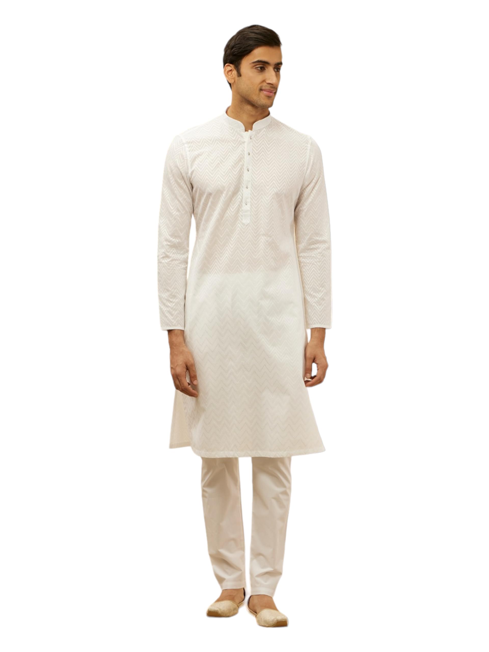 Manyavar Mens White Cotton Checks Kurta Pyjama Set