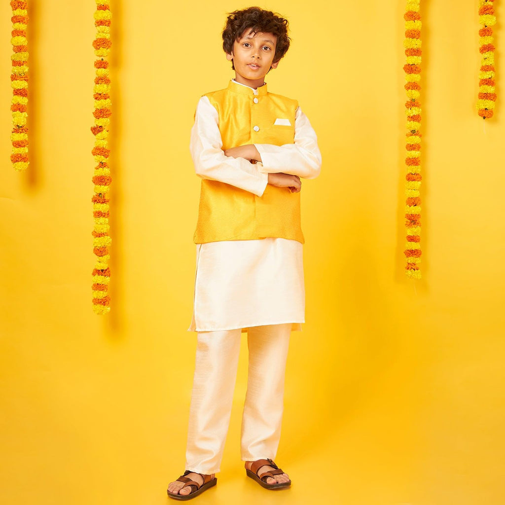 White Silk Kurta With Gold Bandi Pajama Set For Boy