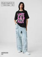 The Souled Store Peace & Love Women and Girls Short Sleeves Round Neck Black Graphic Printed Cotton Oversized T-Shirts