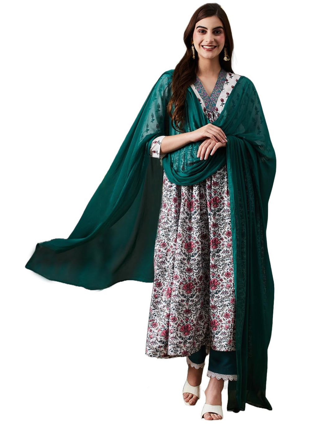 ANNI DESIGNER Womens Cotton Blend Anarkali Printed Kurta with Pant & Dupatta (TOKI White_M_White_Medium)