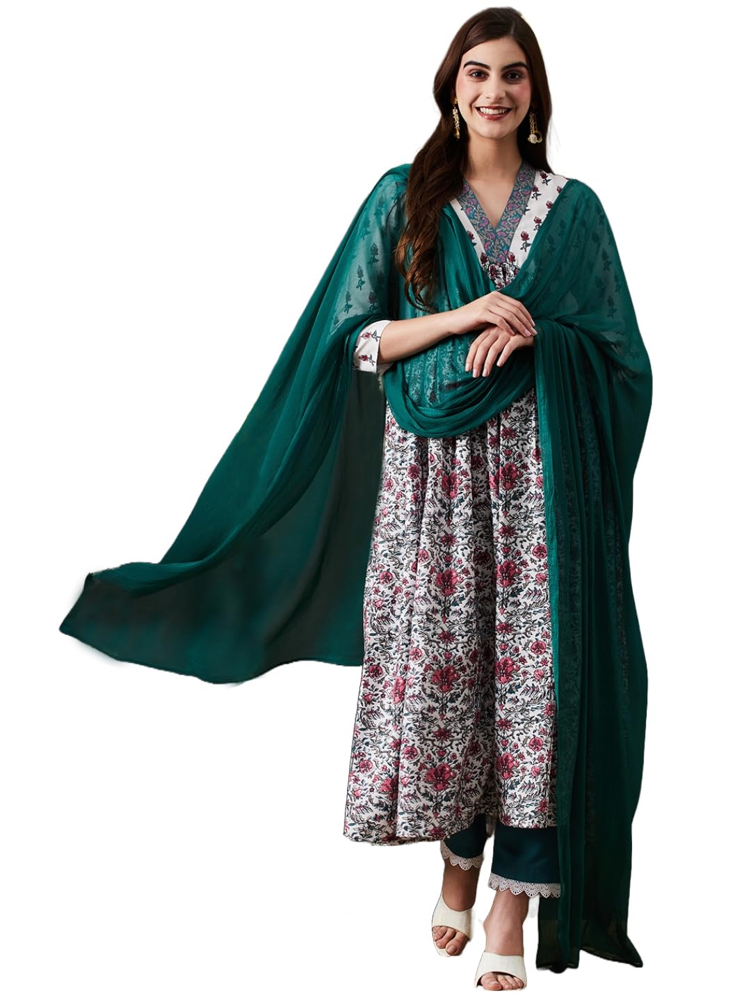 ANNI DESIGNER Womens Cotton Blend Anarkali Printed Kurta with Pant & Dupatta (TOKI White_M_White_Medium)