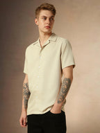 Dennis Lingo MenS Beige Half Sleeve Cuban Collar Solid Textured Relaxed Fit Casual Shirt