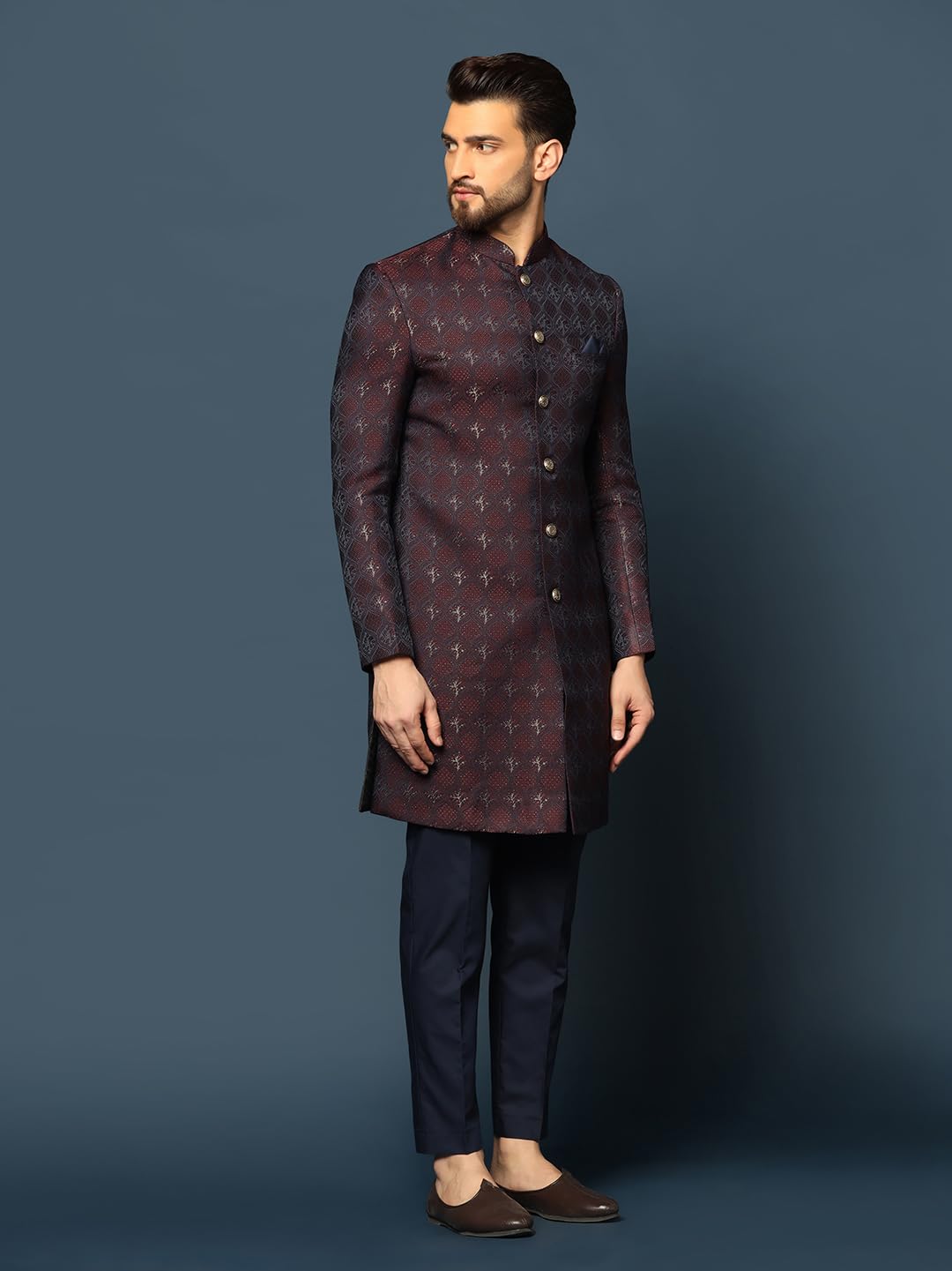 Kisah MenS Purple And Navy Blue Sherwani Trousers Set, Cotton Full Sleaves, Knee Length, Straight, Regular Fit, Mandarin Collar