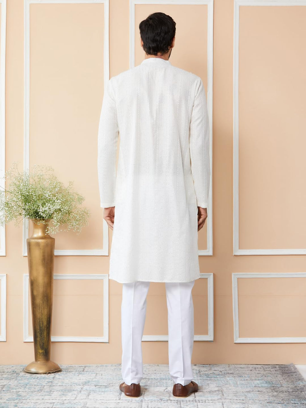 See Designs Mens Long Sleeve Mandarin Collar Side Slit Off White Embroidered Thread Work Sequinned Chanderi Silk Straight Kurta