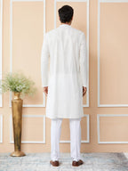 See Designs Mens Long Sleeve Mandarin Collar Side Slit Off White Embroidered Thread Work Sequinned Chanderi Silk Straight Kurta