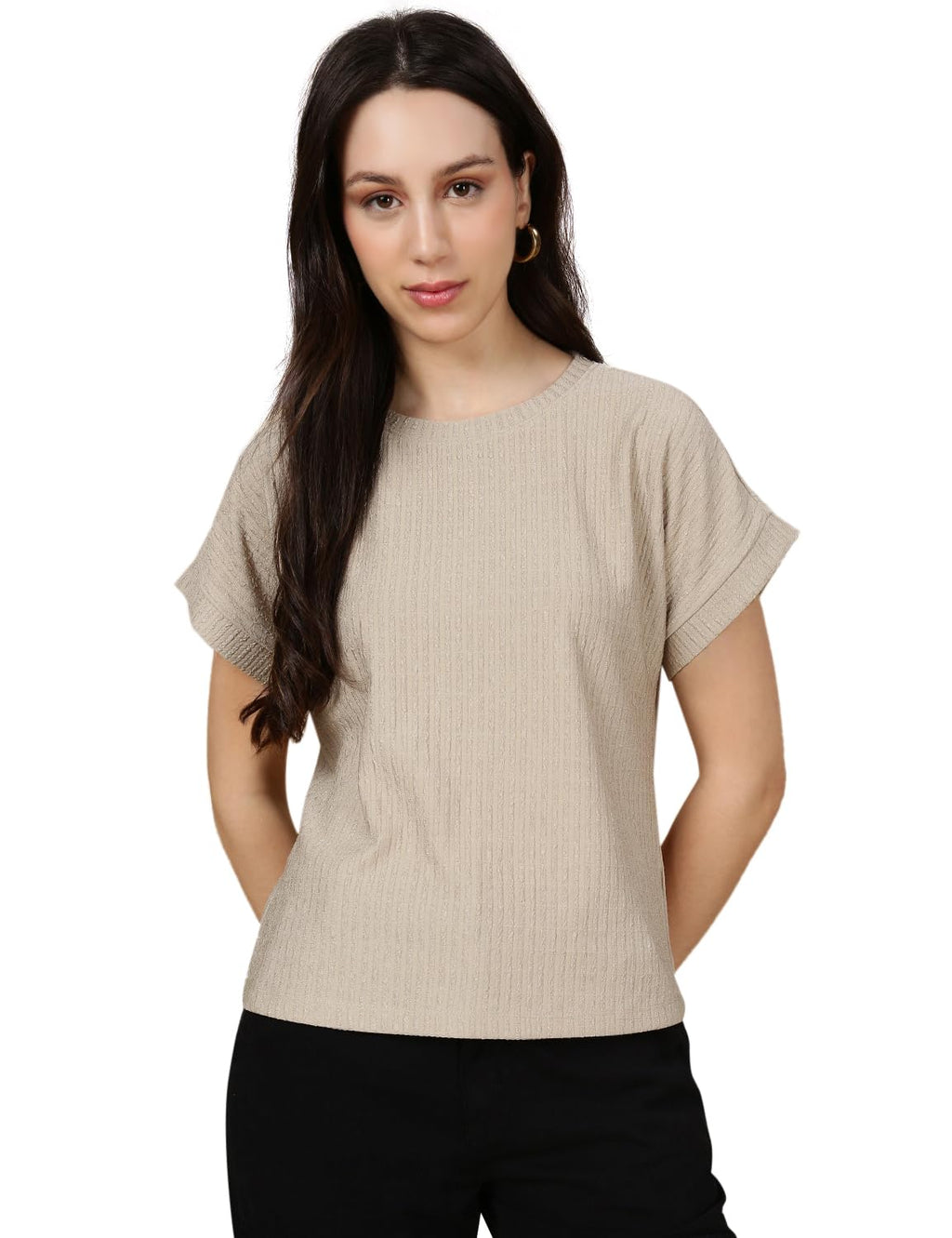 Fyltr WomenS Solid Regular Fit Textured T-Shirt | Cap Sleeves | Comfortable (Fylss25Wkt-1402_Malibu Beige