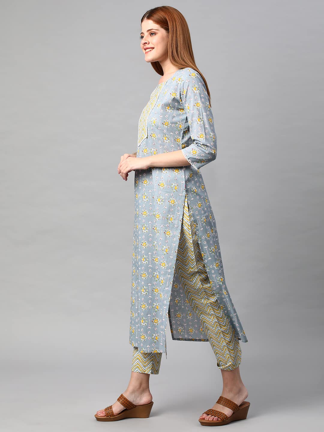ANNI DESIGNER Womens Cotton Blend Traditional Straight Printed Kurta and Pant Set (Mikaa Grey_M_Grey_Medium)