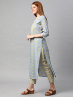 ANNI DESIGNER Womens Cotton Blend Traditional Straight Printed Kurta and Pant Set (Mikaa Grey_XL_Grey_X-Large)