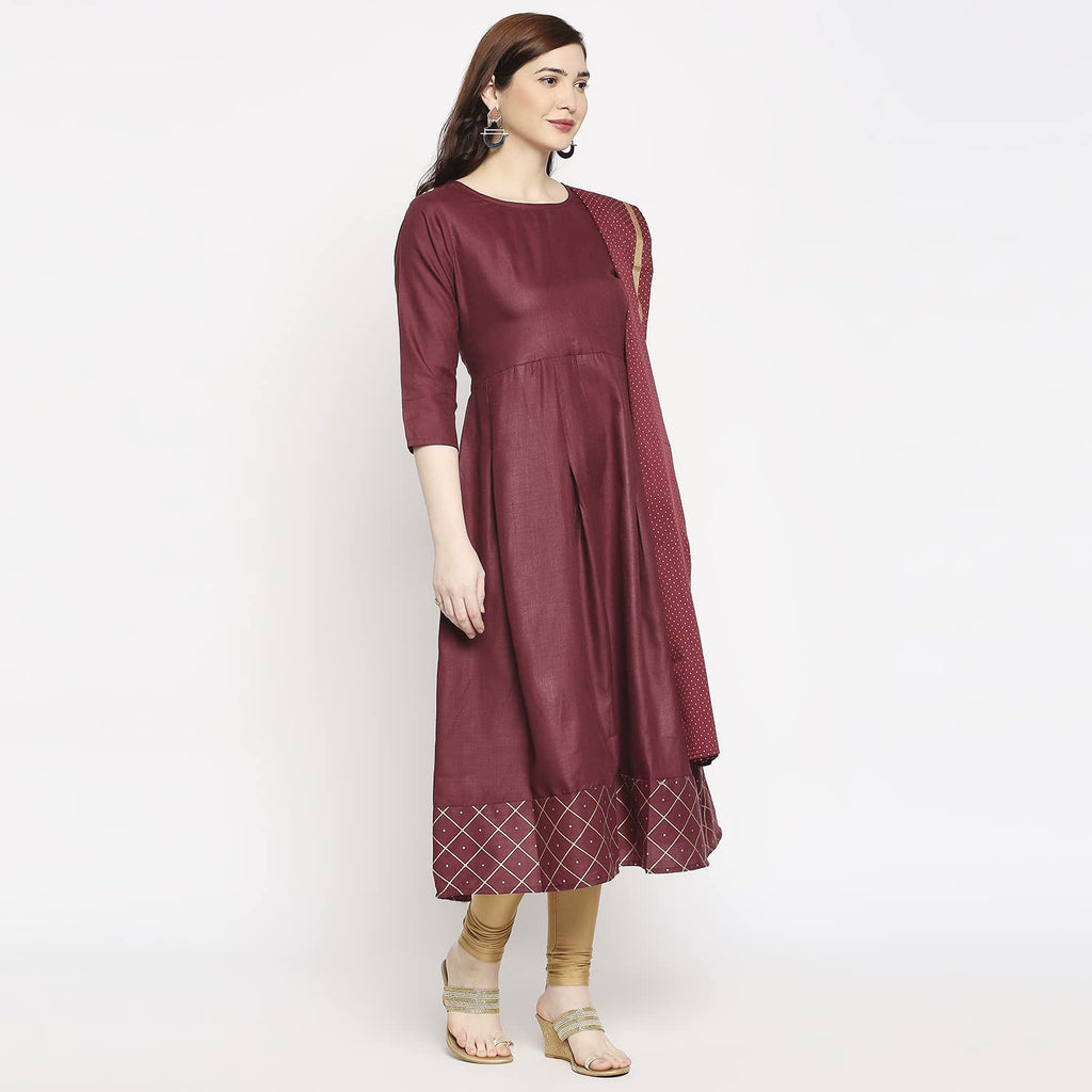 Anni Designer Women'S Rayon Anarkali Kurta With Pant & Dupatta (Kumt Maroon_Gsk)