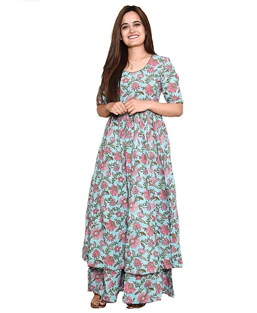 Gosriki Women Sea Green & Maroon Floral Printed Kurta With Palazzos