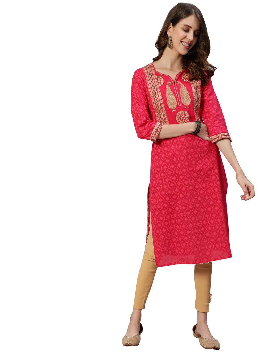 Ishin Women'S Cotton A-Line Embroidered Zari Floral Print Pink Kurti Ksrth-18026_Xxl_Pink