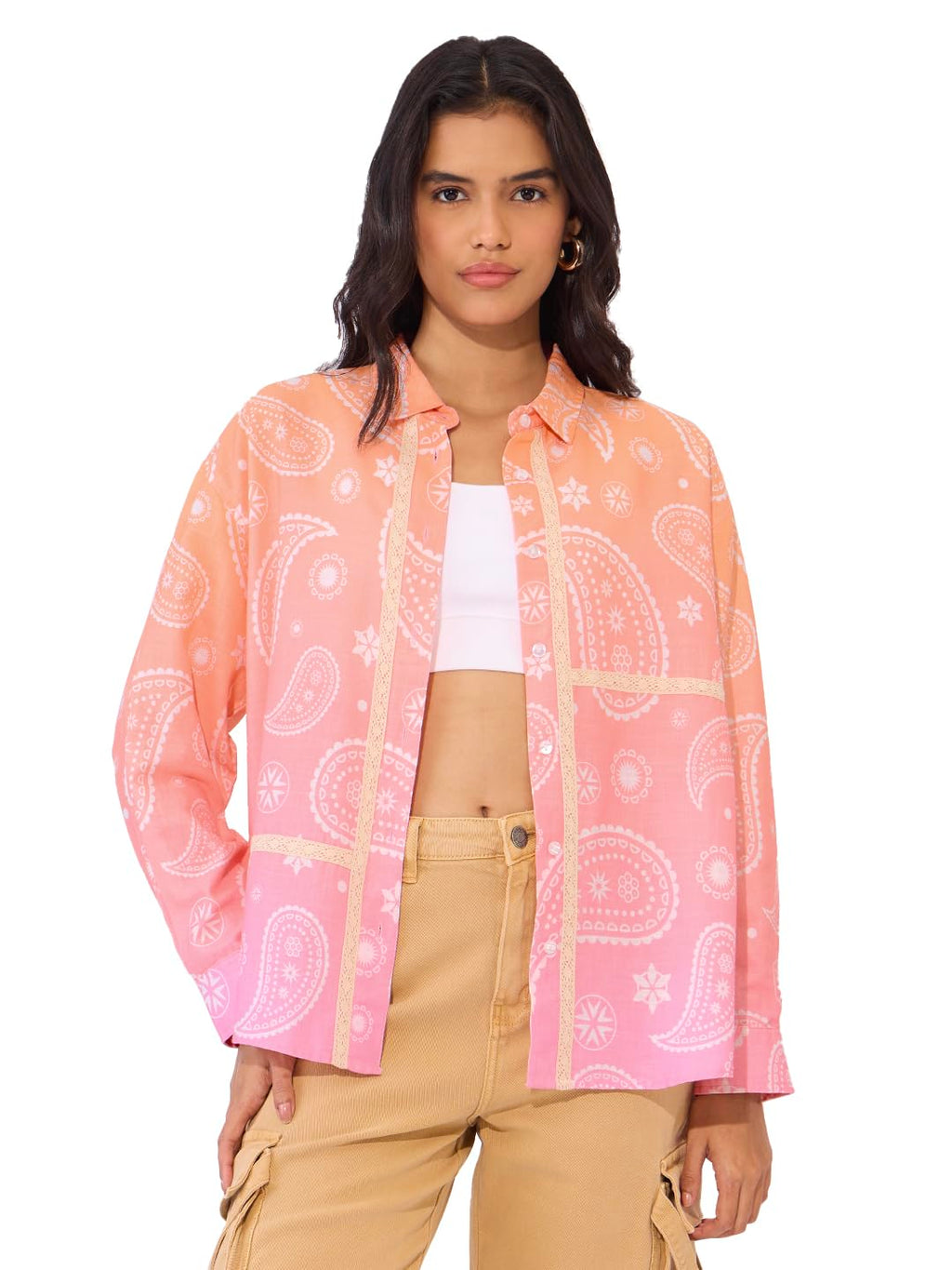 The Souled Store Mellow Paisley Women and Girls Long Sleeve Collared Neck Button Down Boyfriend Shirts Womens Boyfriend Shirts C