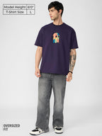 The Souled Store Fusion Berry Men and Boys Short Sleeves Round Neck Purple Embroidered Cotton Oversized T-Shirts