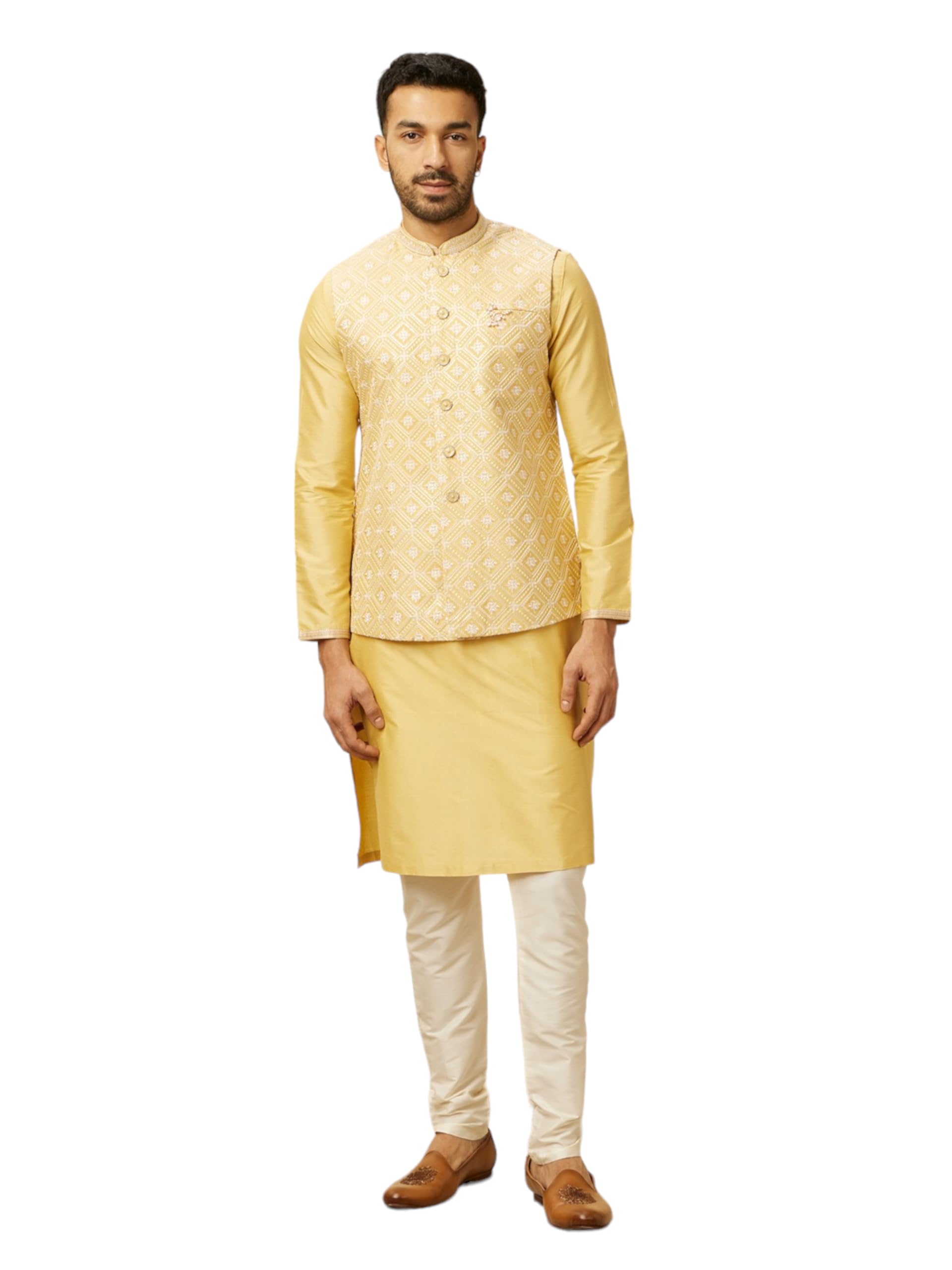Manyavar Yellow Blended Viscose Embroidery | Stone Work Kurta Jacket Set
