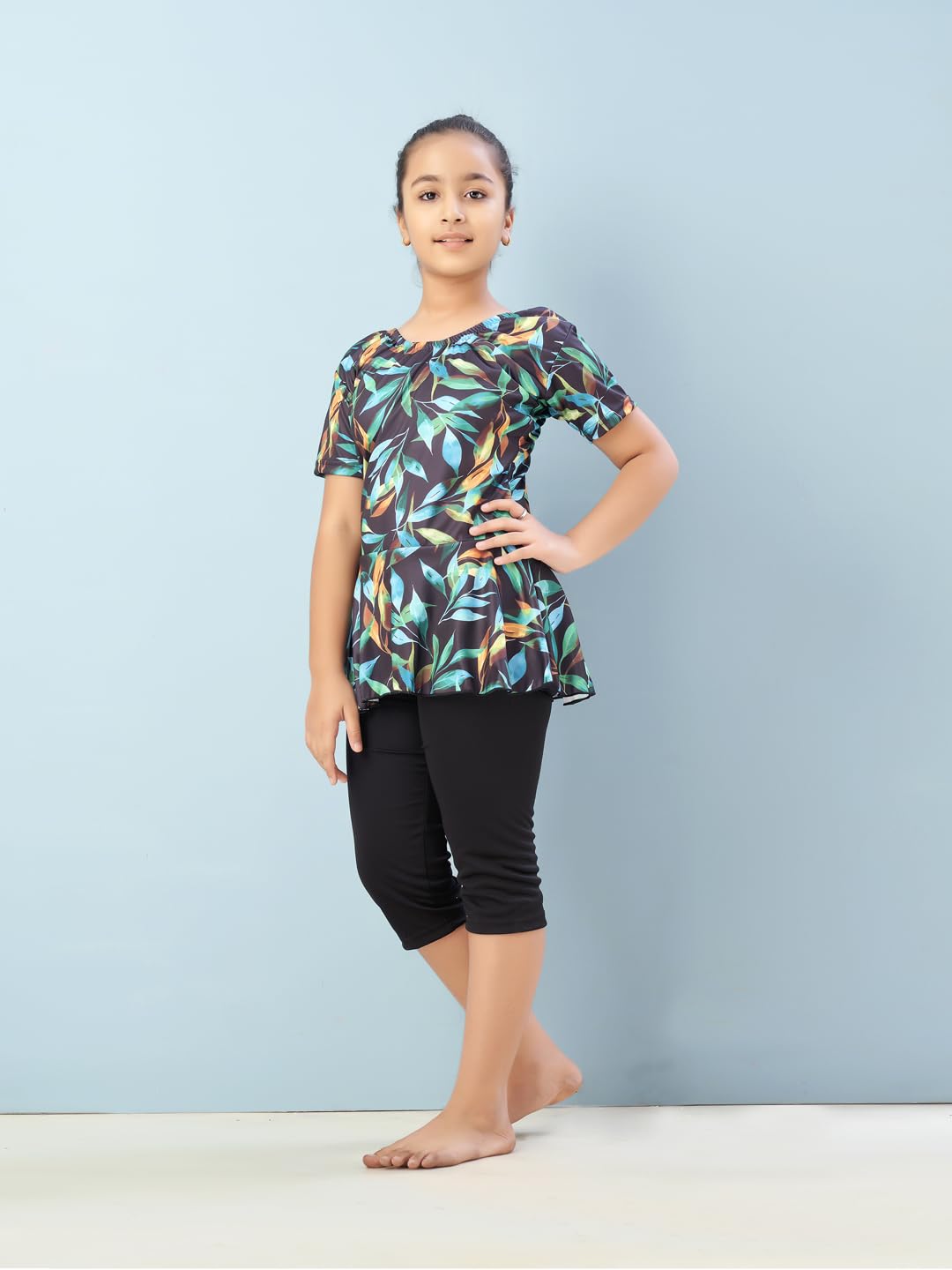 Aarika Girls Sports Wear Black-Green Colour Floral Print Nylon Swim Suit (5-15 Years)-(SW-SHM-C-1121)