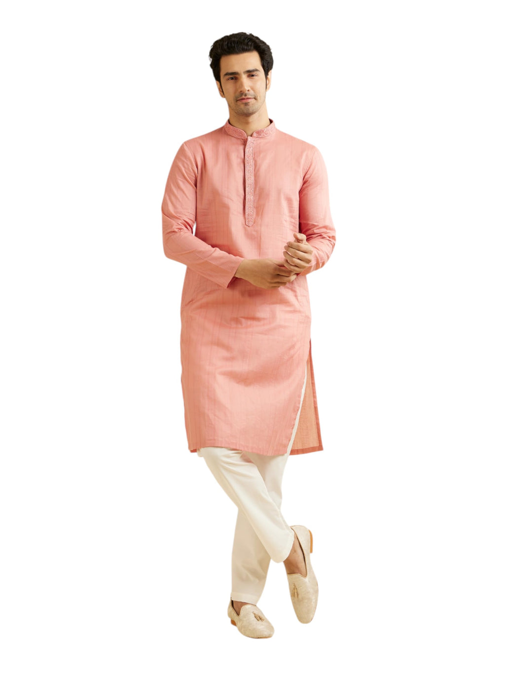 Manyavar Mens Cotton Neck Embroidered Kurta Set (Coral,XL)