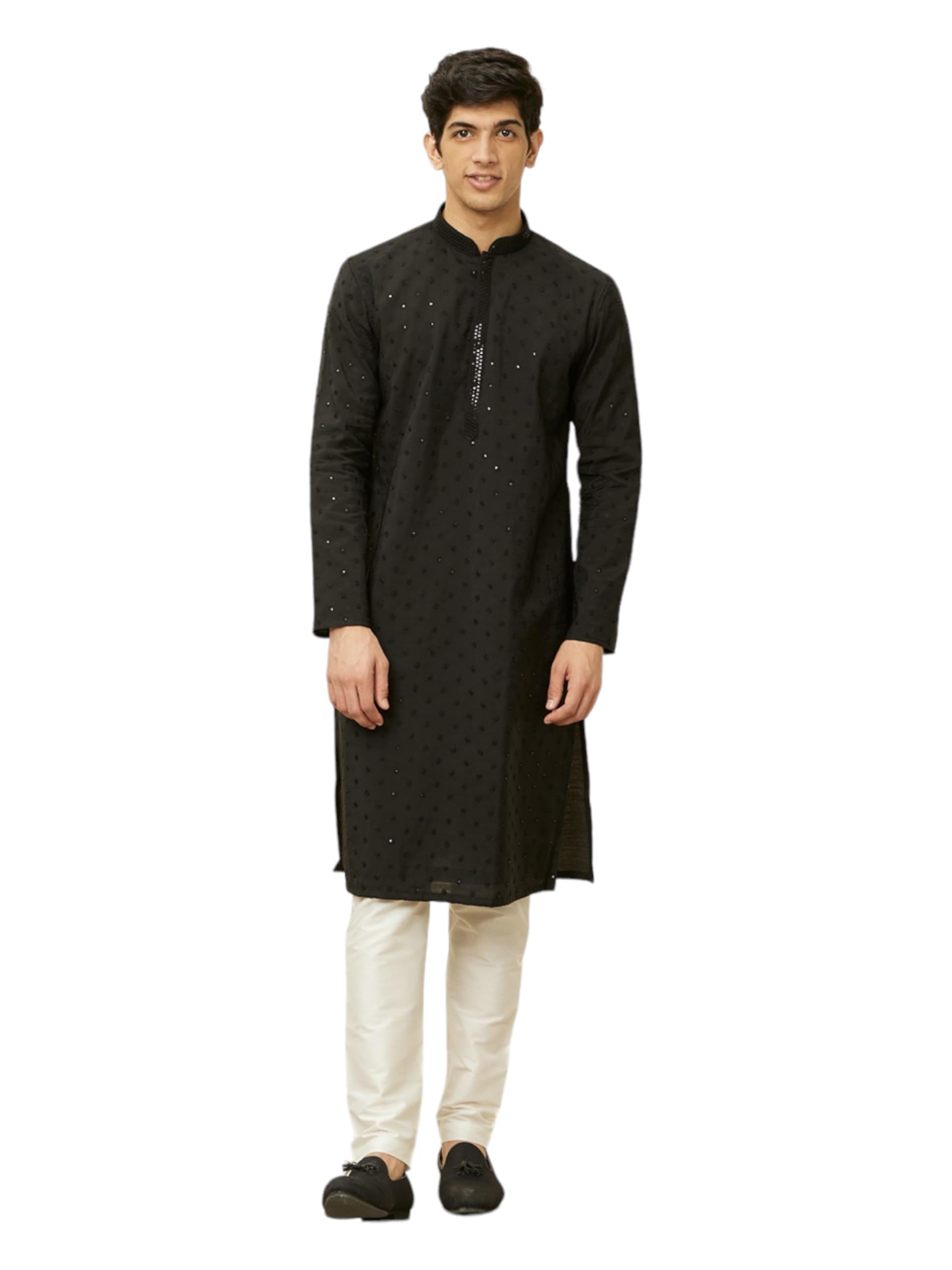 Manyavar Mens Black Blended Viscose Self Design Kurta Pyjama Set