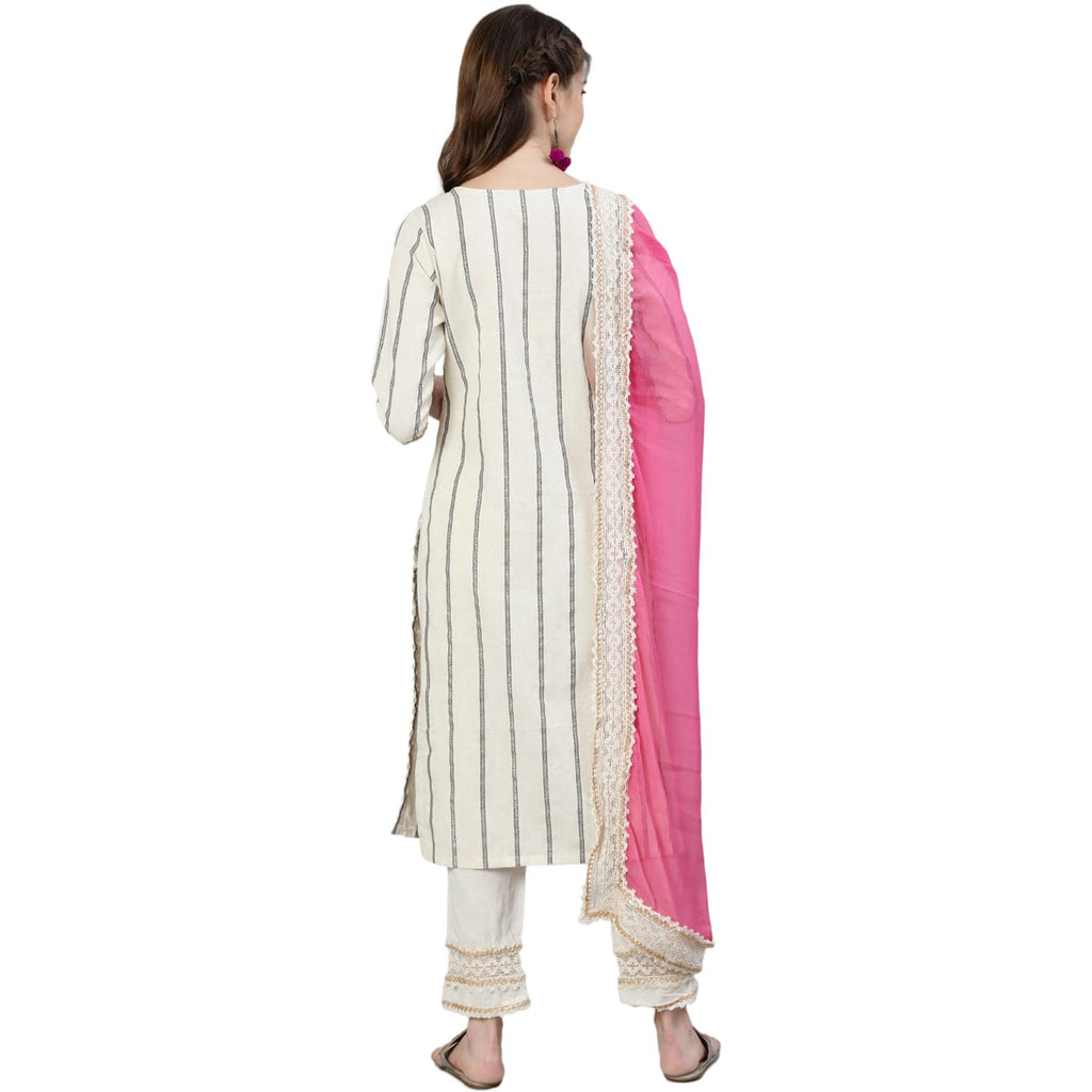Ishin Womens Pure Cotton Embroidered A-Line Kurta Suit Set With Dupatta & Pants Dhkpldpnk-13044_M_Off White