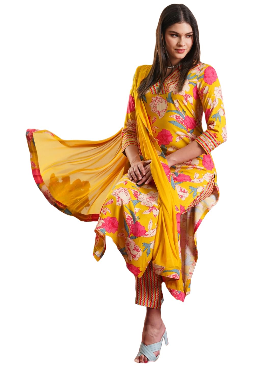 ANNI DESIGNER Womens Rayon Blend Straight Printed Kurta with Pant & Dupatta (GANITA MUSTARD-VKS01_XL_Mustard_X-Large)