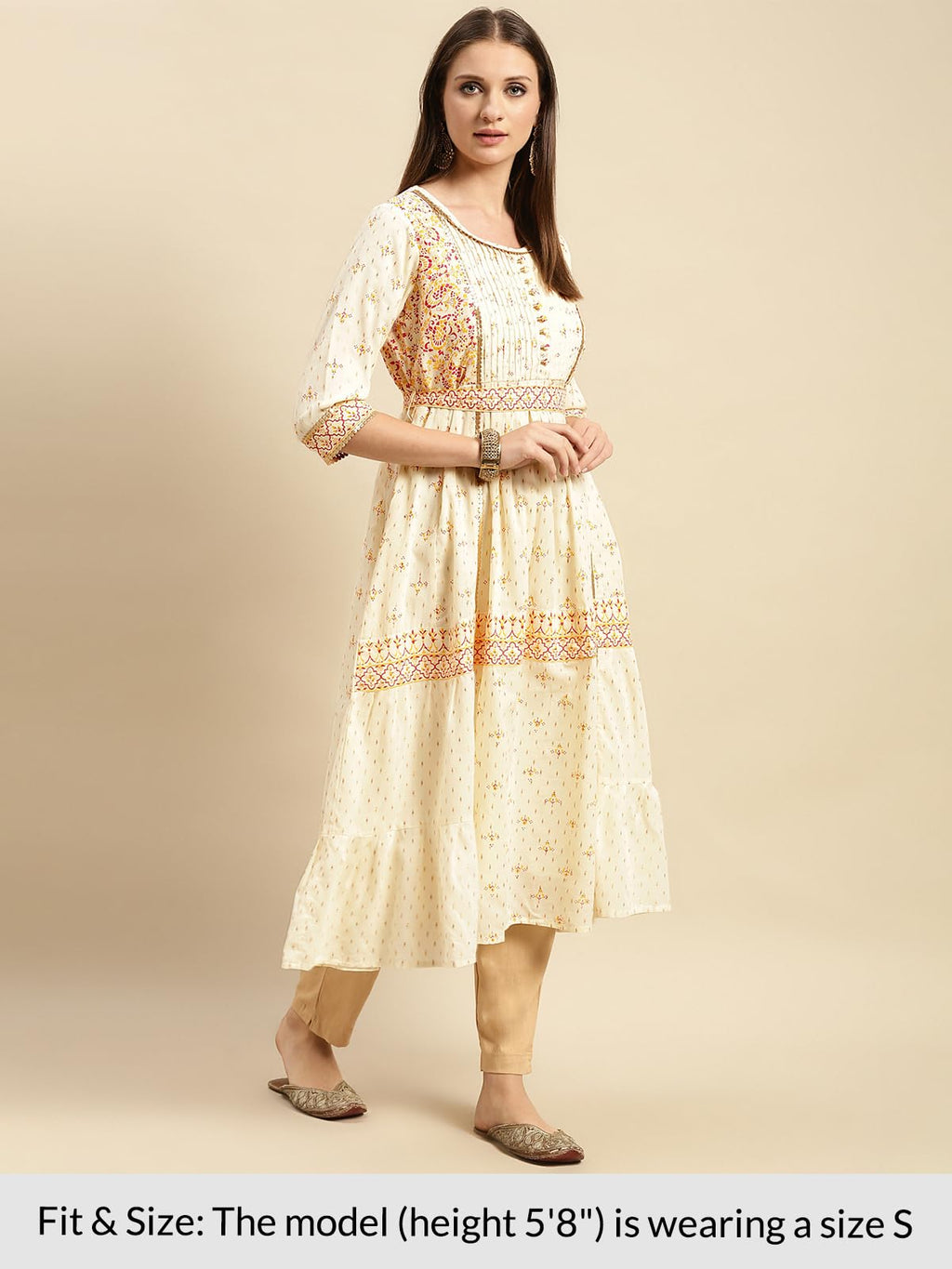 Rangita Cream Cotton Calf Length Embroidered Anarkali Kurti For Women | Kurta For Women