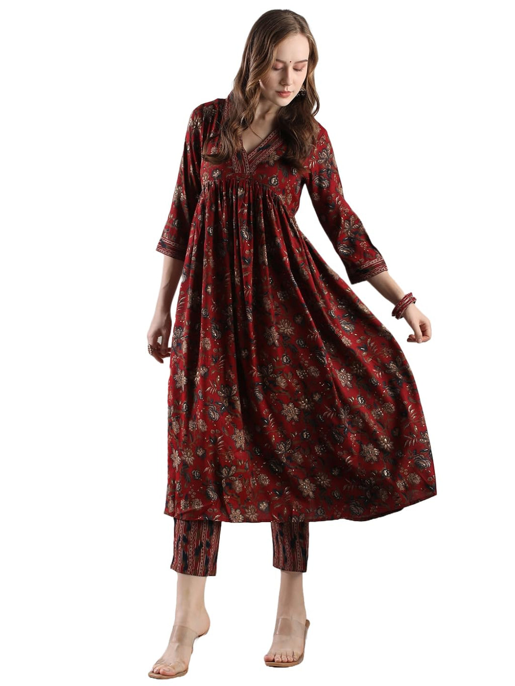 ANNI DESIGNER Womens Rayon Blend Anarkali Printed Regular Fit Kurta with Pant (Gunba Maroon_XXL_Maroon_XX-Large)