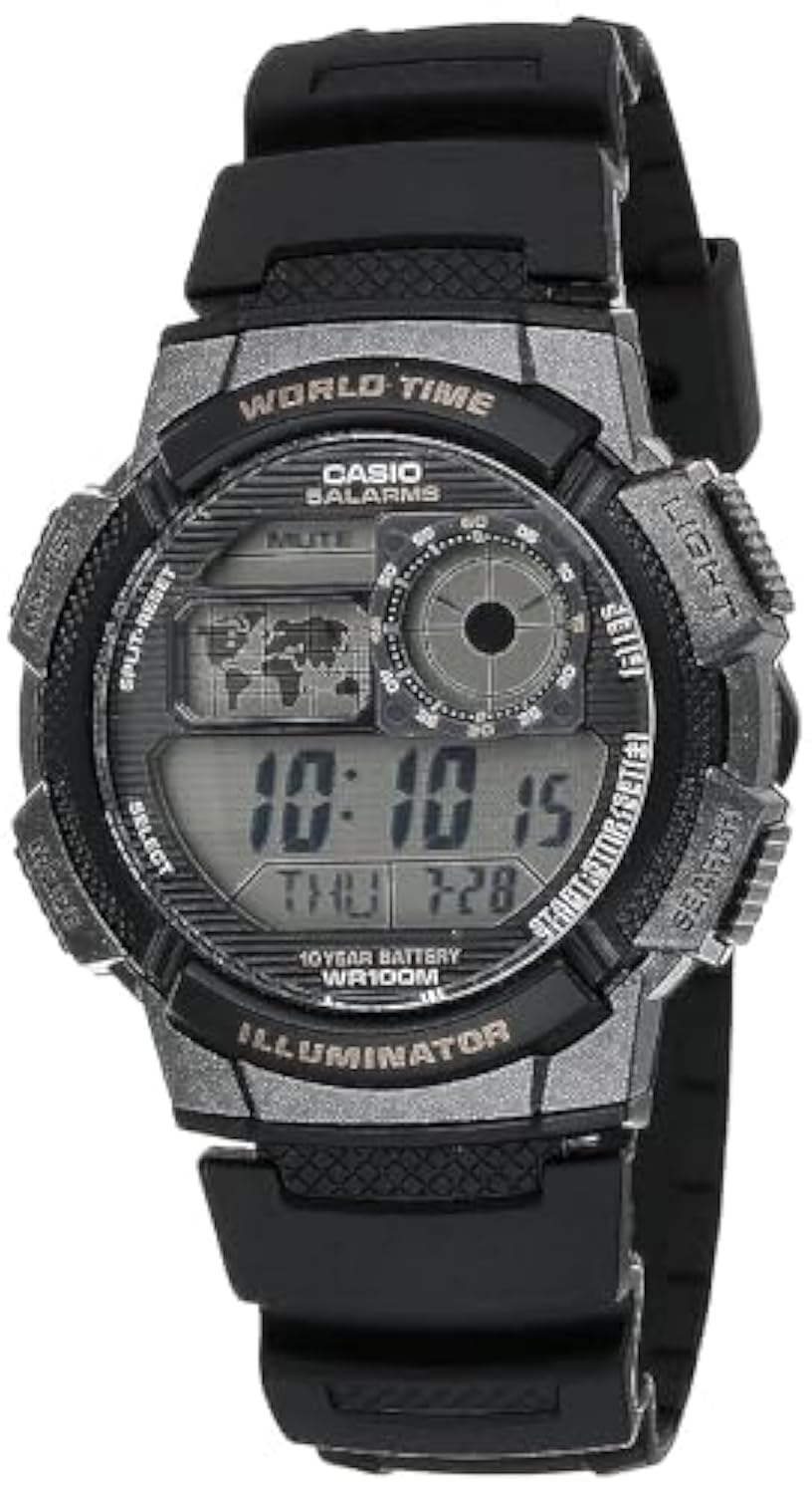 Casio AE1000W Series | Mens Digital Watch | Black | 100M WR | Multi Alarms | 100 SEC Stopwatch | Countdown Timer | World Map for