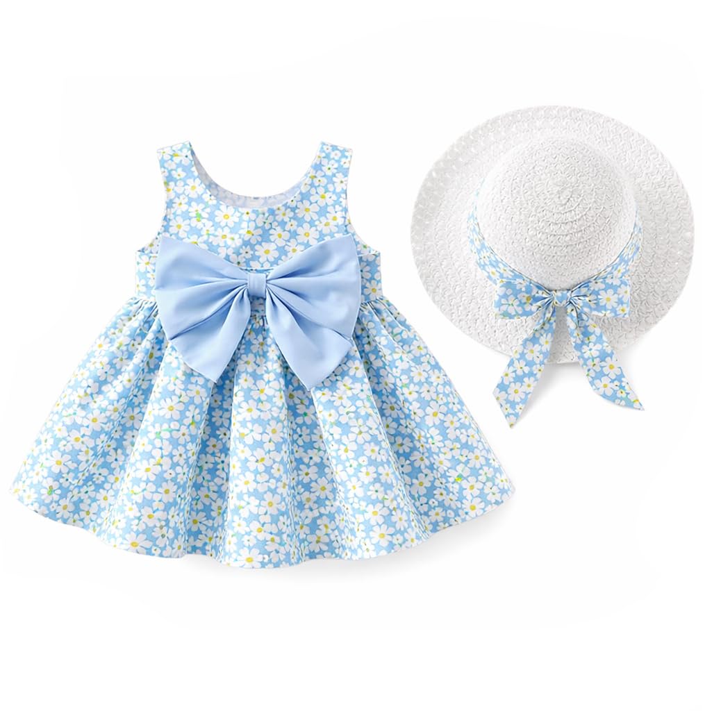 Bold N Elegant Girls Summer Sleeveless Cotton Floral Print Princess Dress Mini Frock With Hat For Infant Toddler Baby Girls (18 18-24