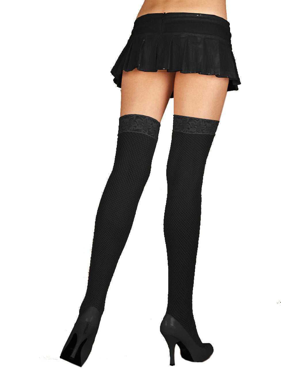 Elegant Moments Womens Fishnet Thigh High with Lace Top Black One Size