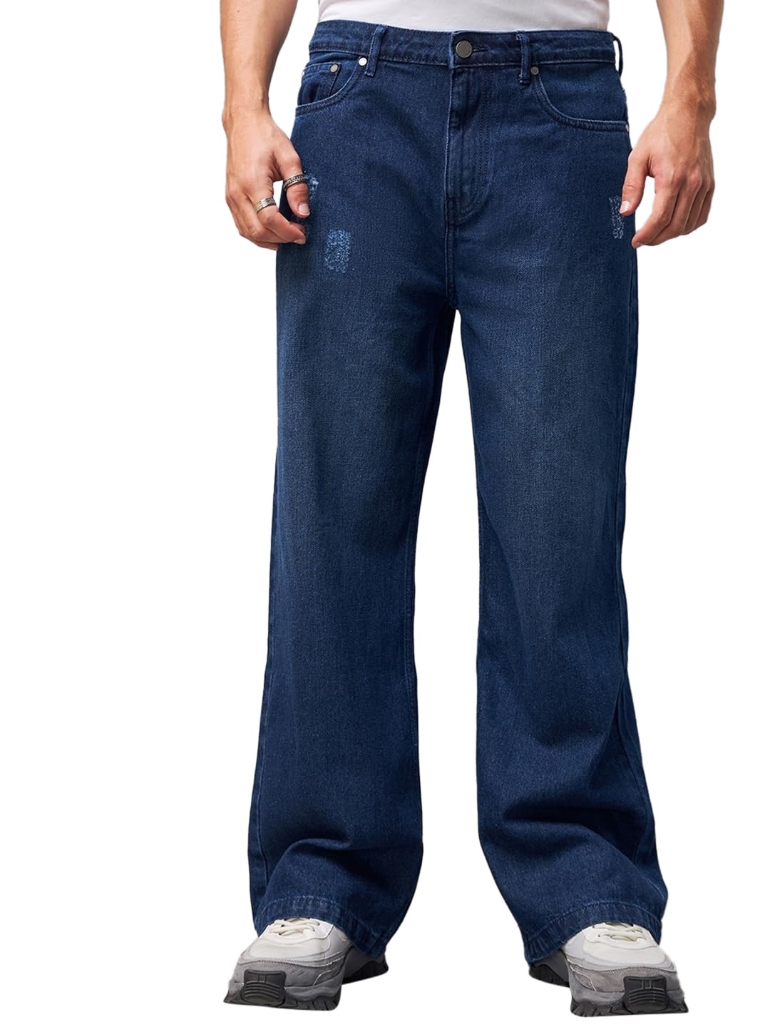 Bewakoof Mens Solid Wide Leg Cotton Baggy Jeans_624688_Blue_38