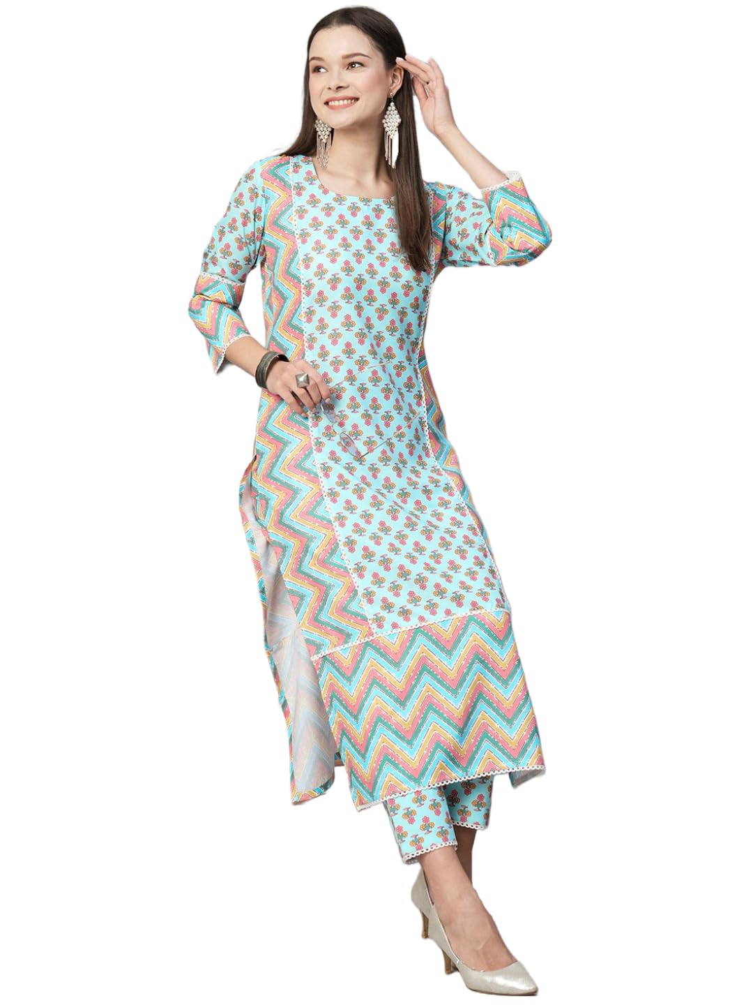 ANNI DESIGNER Women's Cotton Blend Printed Straight Kurta with Pant (RCB-See-Green-NW_S_See Green_Small)