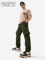 The Souled Store Solids: Light Olive Men and Boys Camouflage Print Regular Fit Cotton Cargo Pants