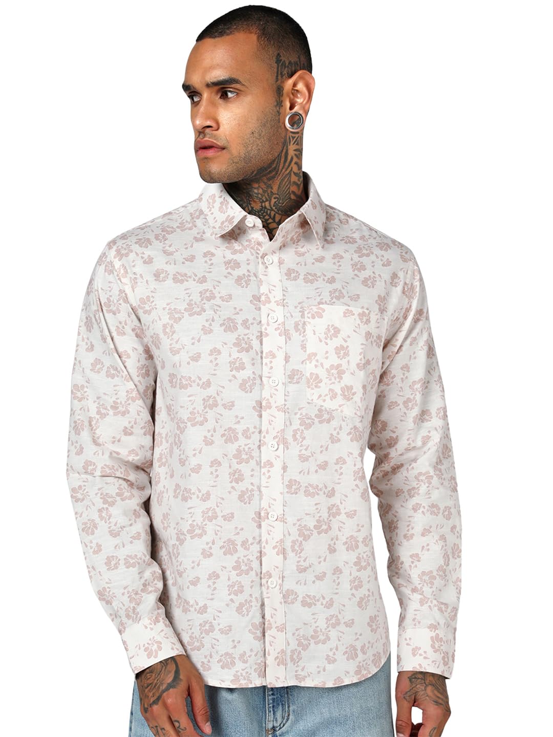 Bewakoof MenS Full Sleeve Regular Fit Off White & Peach All Over Printed Cotton Linen Shirt With Collar, Size S