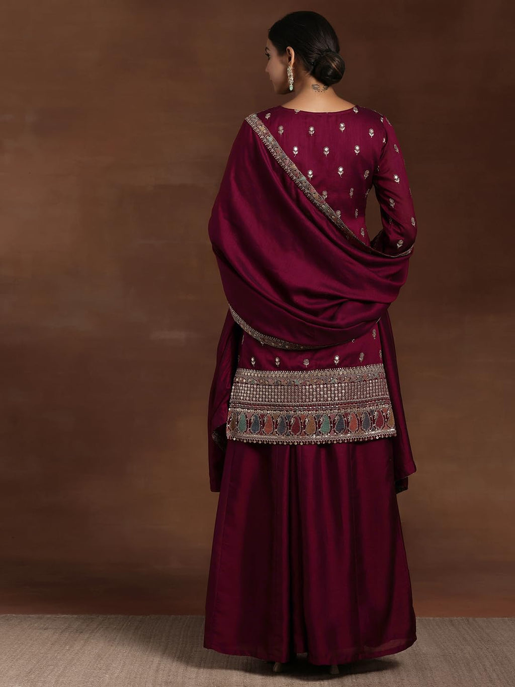 Libas Womens Embroidered Silk Blend Straight Kurta With Palazzos And Dupatta