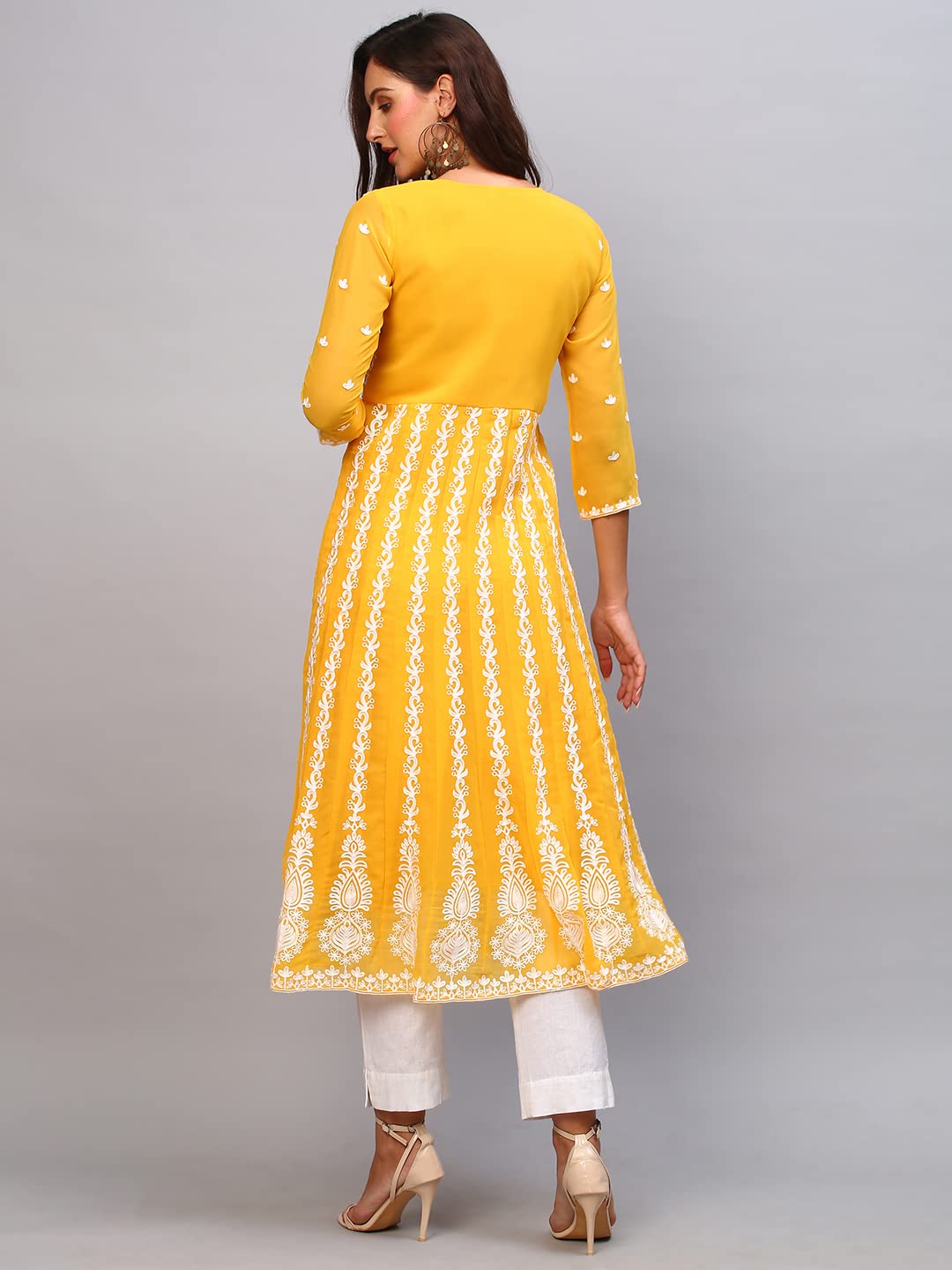 ANNI DESIGNER Womens Georgette Chikankari Embroidered Anarkali Kurti (Naav Yellow_S_Yellow_Small)