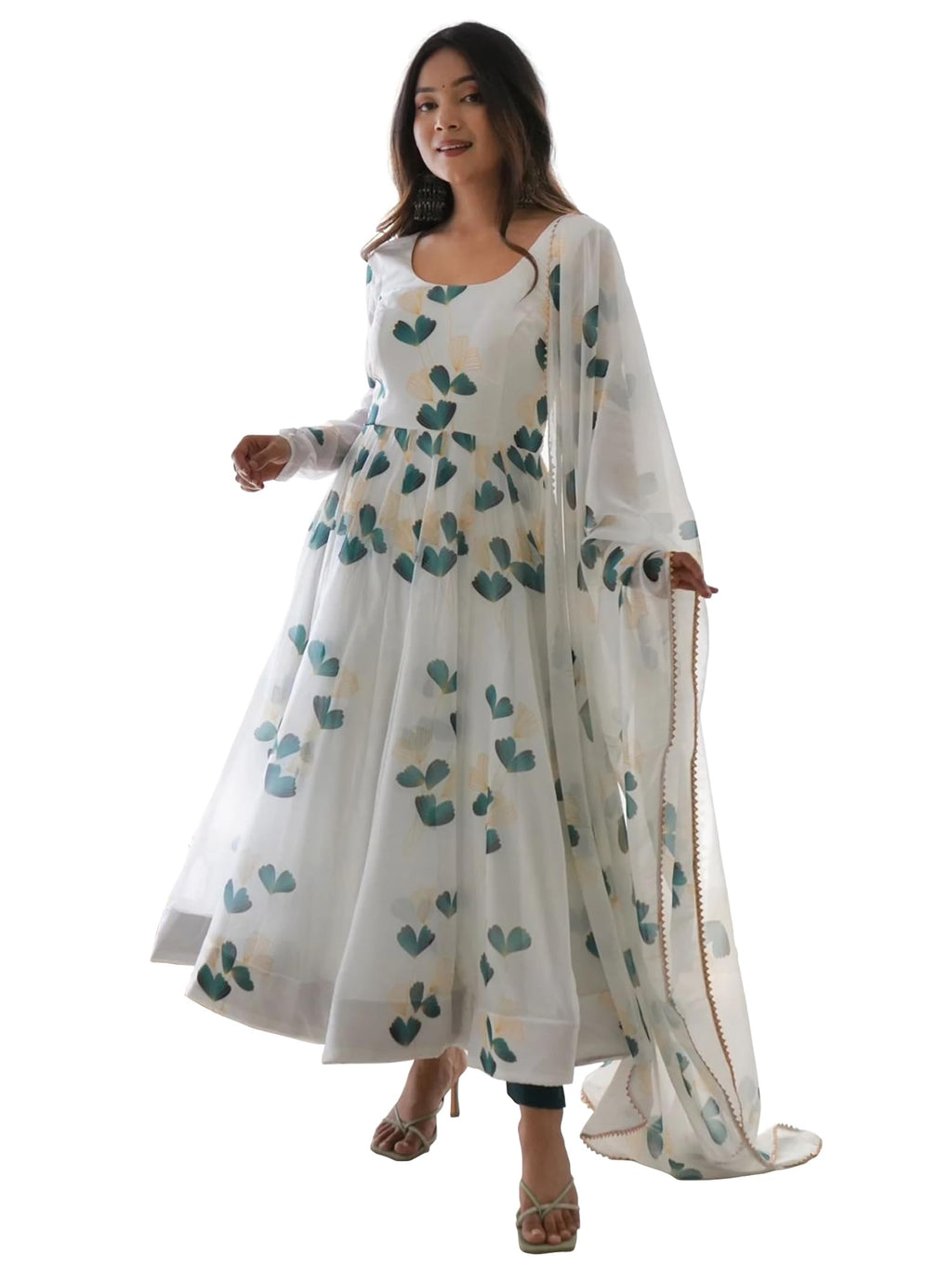 Shasmi Womens White Green Georgette Anarkali Floral Printed Kurta with Pant & Dupatta (Dress 114 White Green 2XL)