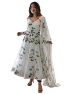 Shasmi Womens White Green Georgette Anarkali Floral Printed Kurta with Pant & Dupatta (Dress 114 White Green 2XL)