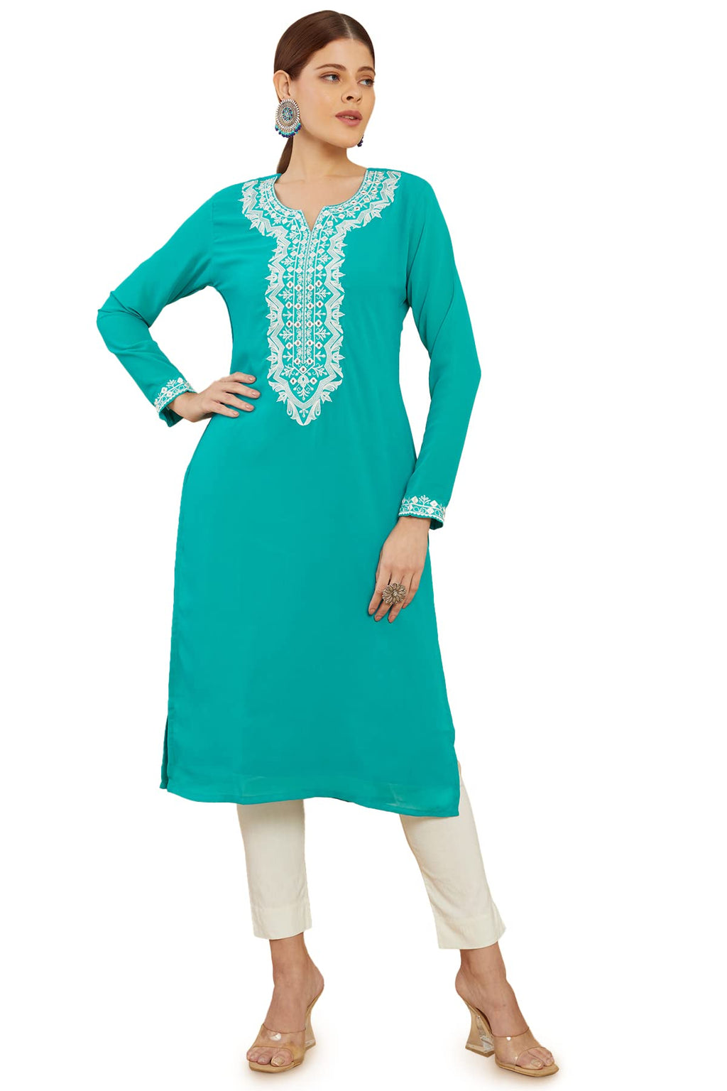 Soch Women Turquoise Georgette Embroidered Kurti