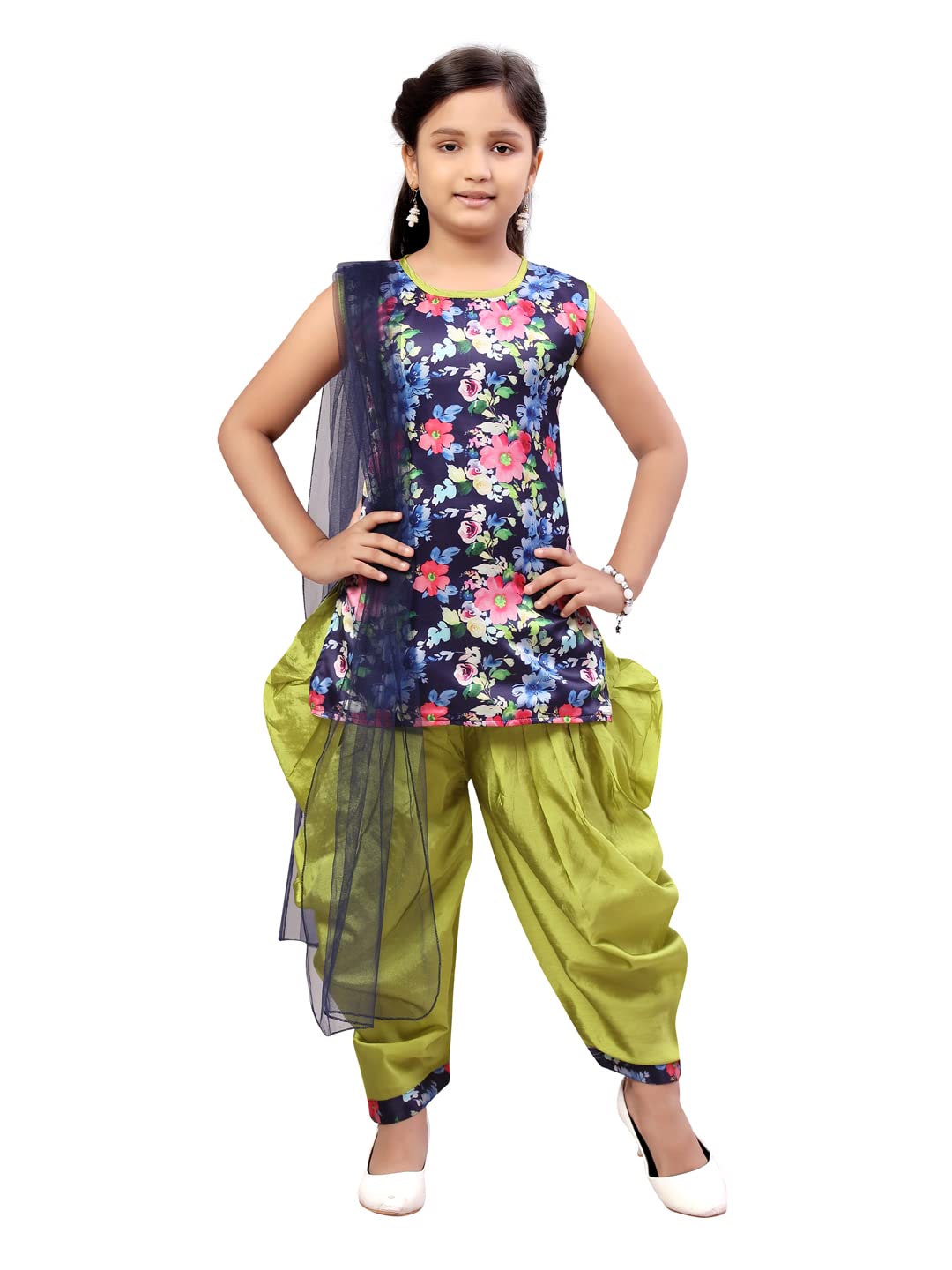 Aarika GirlS Silk Kurti Patiala Set (Pt-22153_Navy Blue-Green_30)