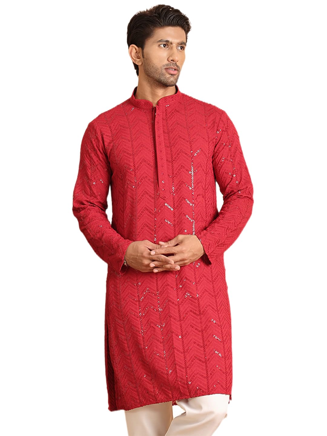 Jompers Mens Embroidered Sequined Viscose Straight Kurta