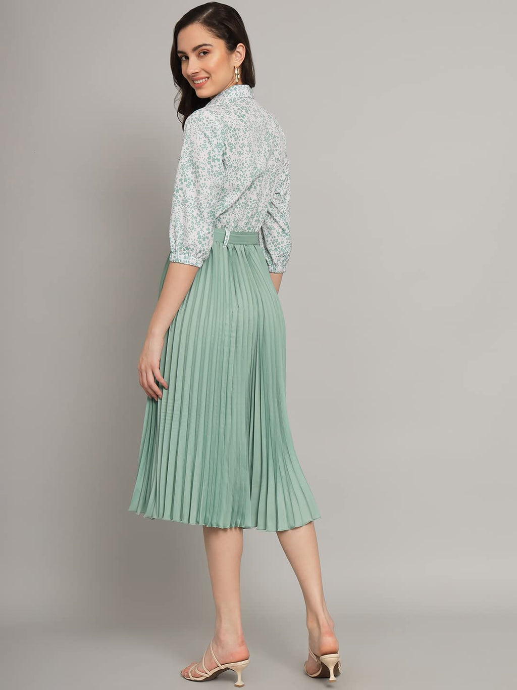 Kzully | Elegant A-Line Dress: Collared V-Neck Top, Pleated Skirt With Elastic Waist, Includes Belt Pista